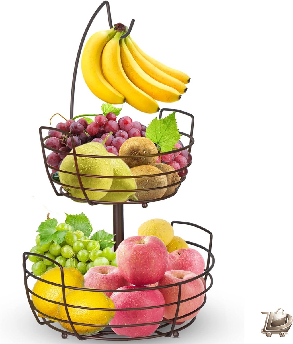 Fruitmand Set met Dierenfiguren - 2 Stuks Fruitkommen met Bananenhouder - Broodmand en Groenterek - Metaal Bronzen Kleur - Keukendecoratie en Opbergoplossing