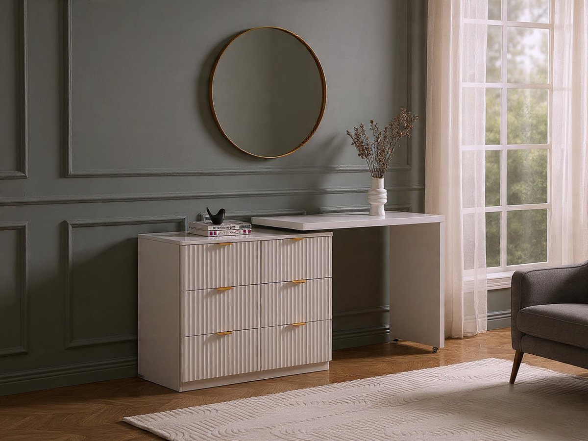 Dranova Luxe Art Deco Ladekast met 6 Laden – Draaibare Hoek Kast met Uitschuifbaar Tafelblad, Wit & Goud Design Dressoir op Wielen – Moderne Slaapkamer & Woonkamer Opbergkast –Novihome