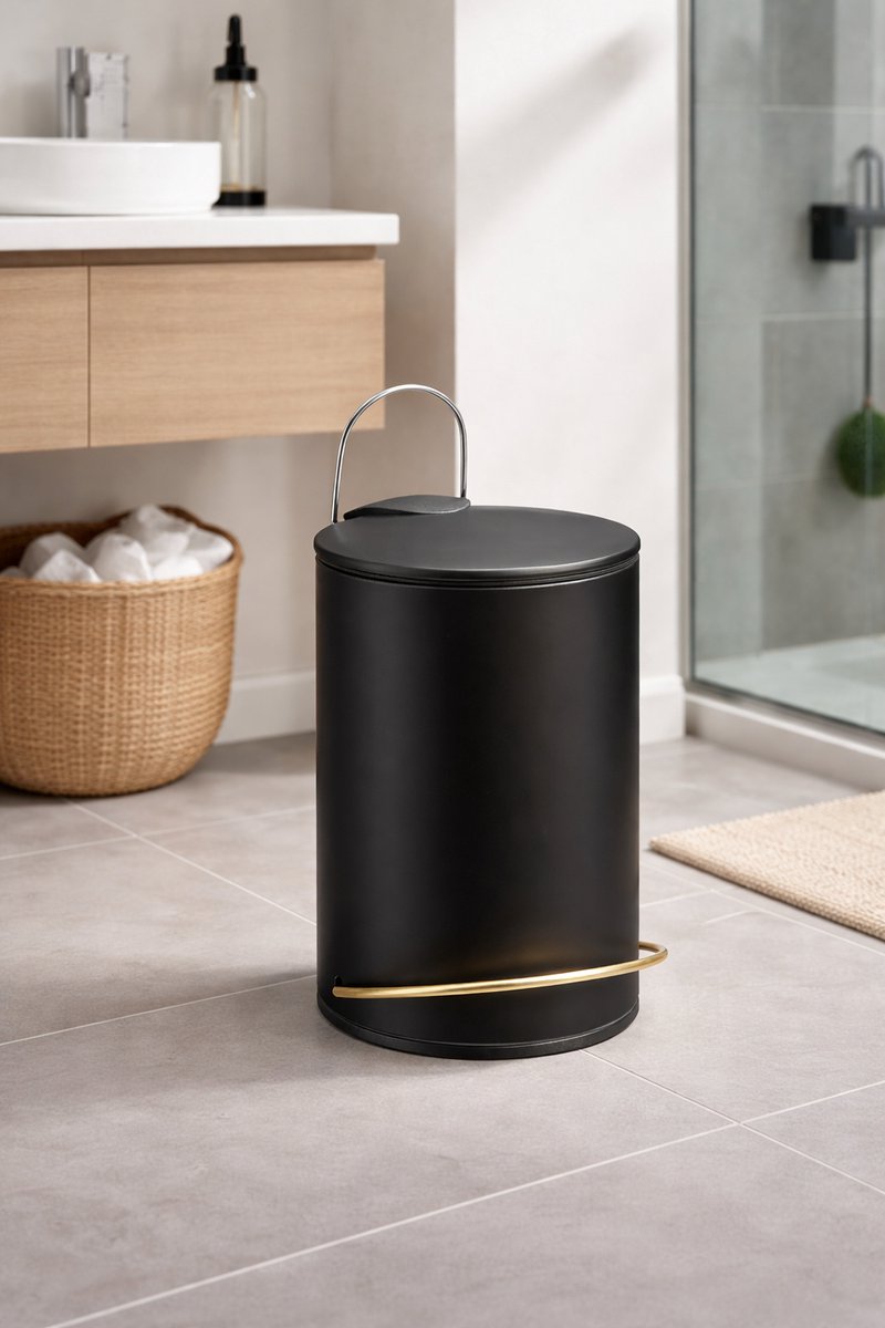 Luxe Pedaalemmer Ring 3L Zwart – Badkamer Afvalemmer met Gouden Accent – 25 x 18,3 x 21,5 cm