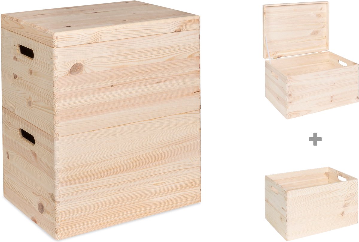 Haudt® Houten stapelkist set 46cm - 1 x KIM Maxi open en 1 x KIM Maxi met klepdeksel - stapelbare opbergoplossing - houten kisten - opbergkist - vurenhout
