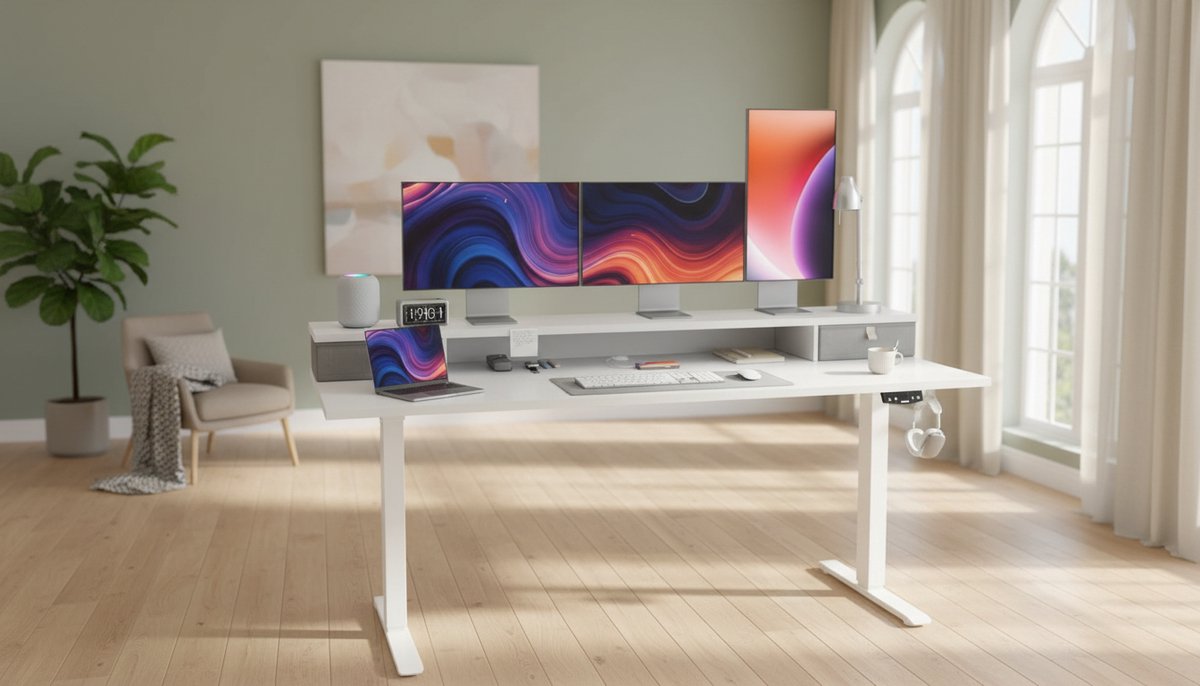 Electric Desk Casa Velluto Elevare Smart – Height Adjustable Sit-Stand Desk 160x60 cm with 2 Drawers, Memory Function, Anti-Collision, Sturdy Metal Frame – White Home Office & Computer Desk