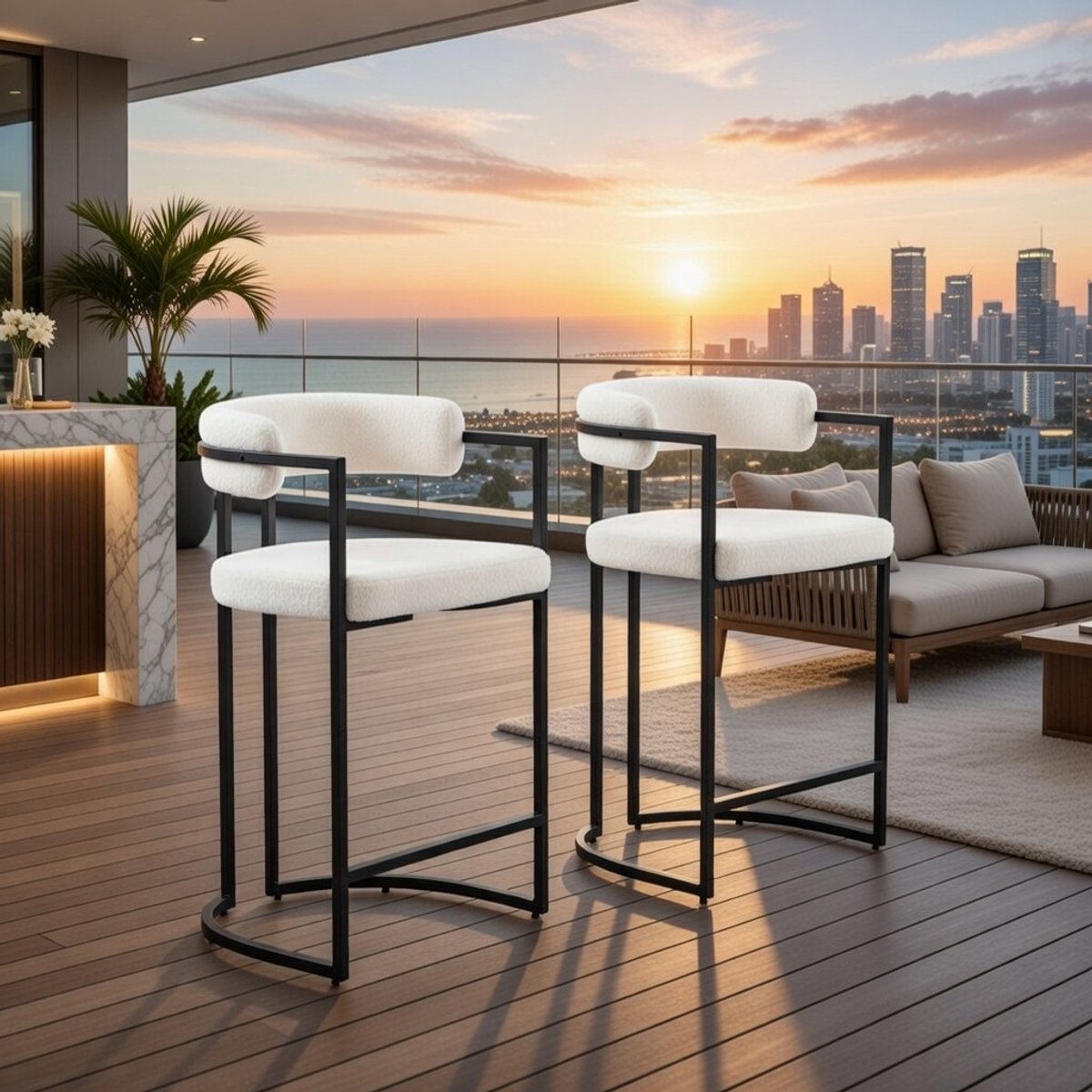Moderne Comfort Barkrukken Set van 2 - Gestoffeerde Keuken Toonbankstoelen met Metalen Basis en Imitatiebont - Wit, Grijs of Groen - Ideaal voor Thuisbar, Ontbijtbar, en Keukeneiland Casa Serena