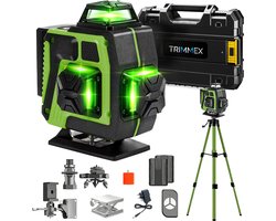Trimmex® Kruislijnlaser + Statief - 16 Zelfnivellerend Bouwlaser - Inclusief Opbergtas - 360° - Lijnlasers - Laser Waterpas - Inclusief accessoires - 2 accu's - Groen