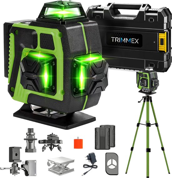 Trimmex® Kruislijnlaser + Statief - 16 Zelfnivellerend Bouwlaser - Inclusief Opbergtas - 360° - Lijnlasers - Laser Waterpas - Inclusief accessoires - 2 accu's - Groen