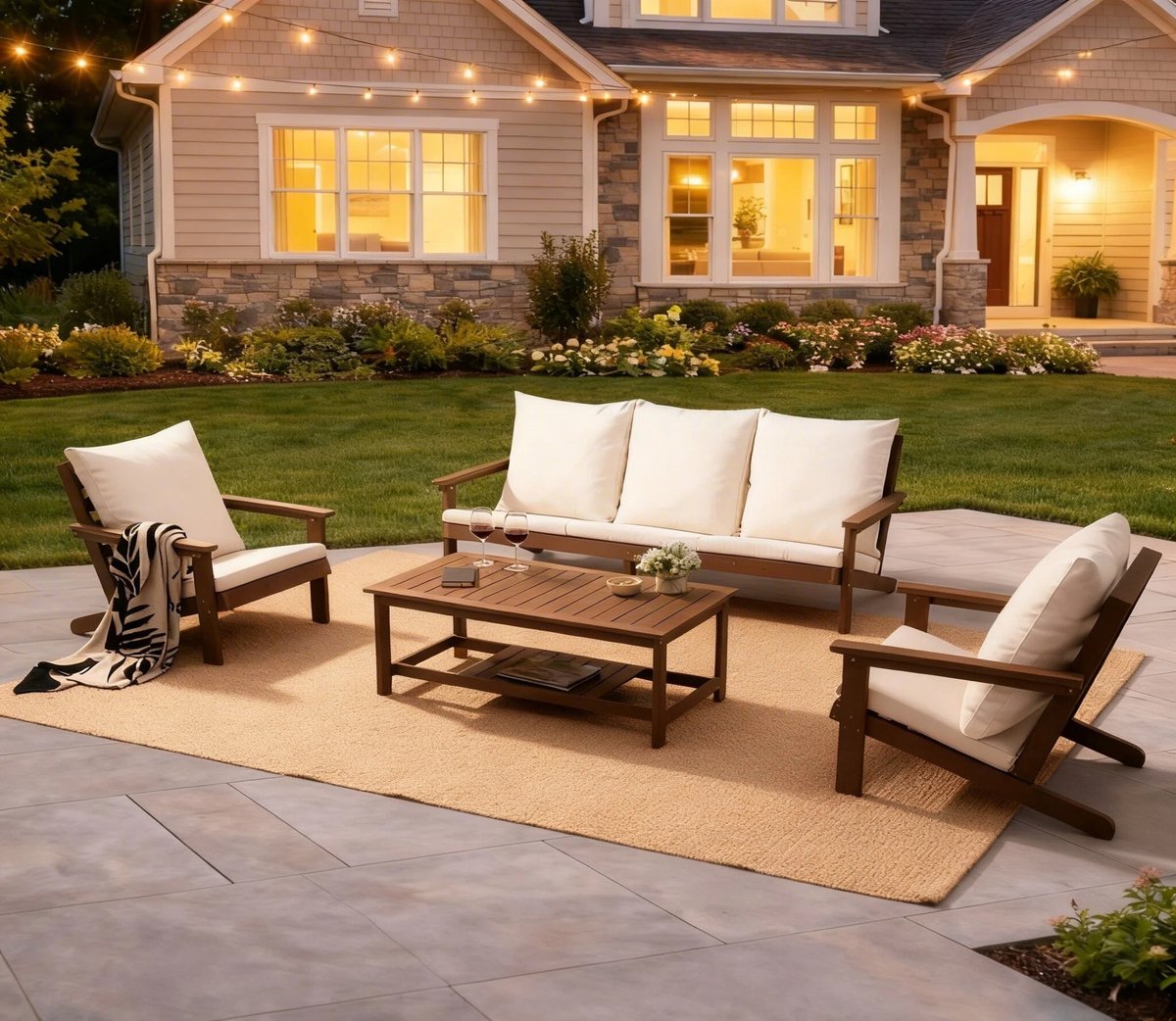 Loungeset Texas met kussenhoes - 3 Sits loungebank, 2 x Lounge stoelen, 1 Tafel - Bruin - Hips Plastic, hout look Voor Binnen en Buiten