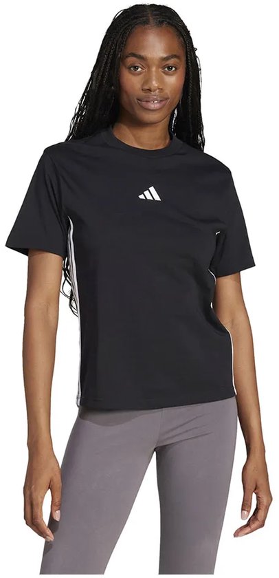 Zwarte dames t-shirt met korte mouwen, Adidas logo op borst en strepen op de zijkant.