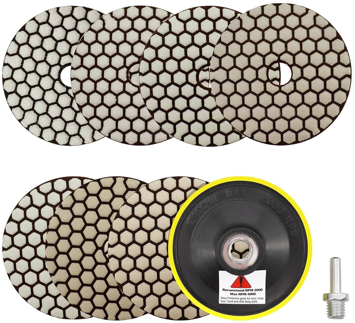 Polijstpads voor diamanten 100 mm - Set van 7 met korrel 50 t/m 3000 + M14 steunschijf