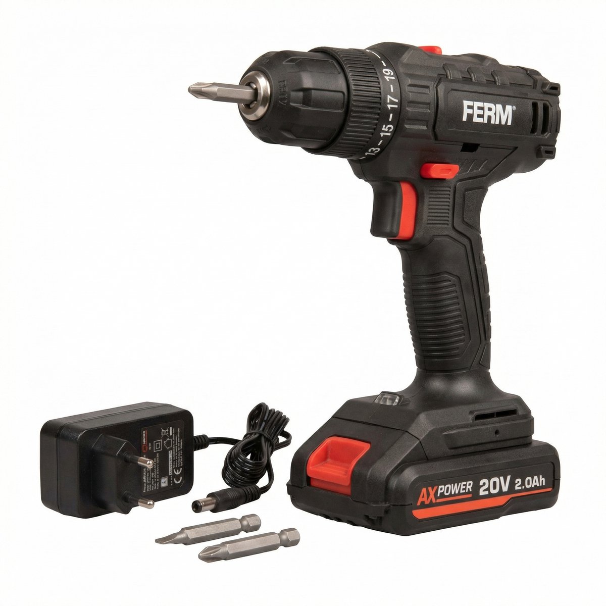 FERM Accu Schroefboormachine 20V – Accuboormachine met 2.0Ah Accu en Lader, 25Nm Koppel, 2 Snelheden (0-350 / 0-1300 rpm), LED Werklicht, Snelspanboorkop 0.8-10mm, Soft Grip