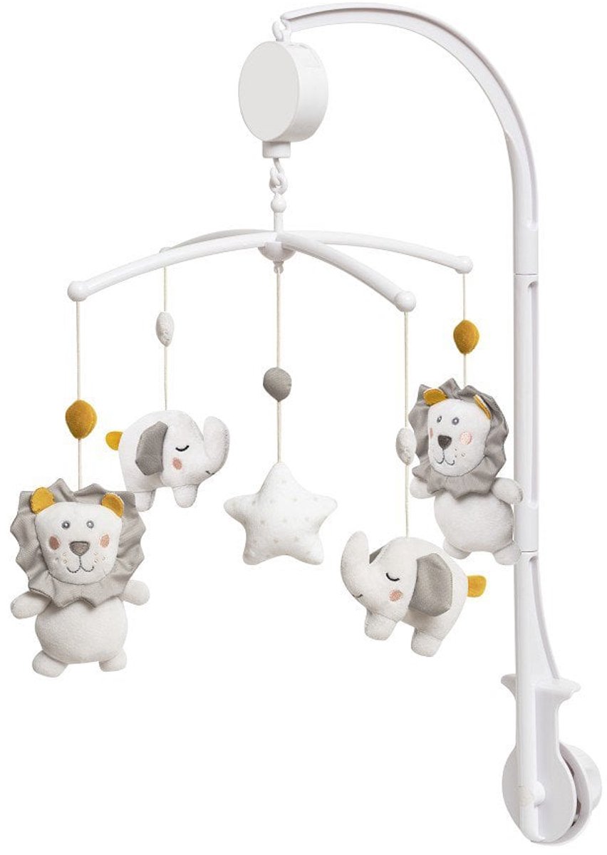 Baby's Muziekmobiel baby Heaven - Boxmobiel - figuurtjes - Muziek speelgoed - leeuw - olifant - ster - wit grijs