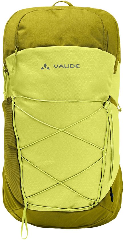 Olijfgroene en limegroene Vaude rugzak met rasterpatroon en elastische koordjes, van voren gezien.