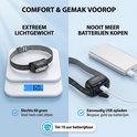 Hoofdlamp weegt 60g en laadt op via USB, met weergave van lichtgewicht en opladen.