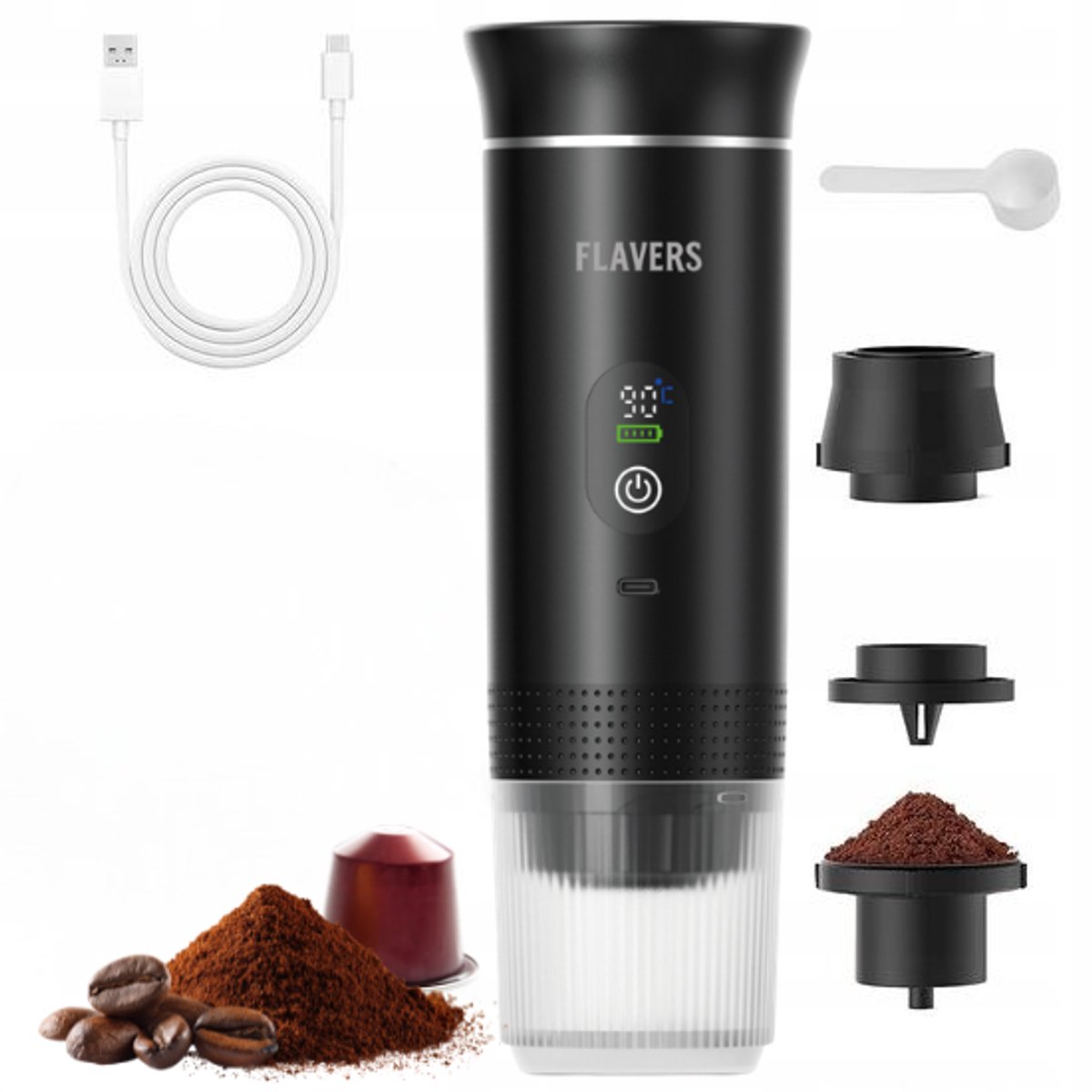Flavers ® | Draagbare Koffiemachine | 2026 model | Draagbare Elektrische Espressomachine | Zwart | Koffiezet apparaat voor Onderweg | Capsules & Gemalen Koffie | Portable Espresso Machine | Cadeauset | koffiemaatje | Reis & Camping Koffiezetapparaat — afbeelding 5
