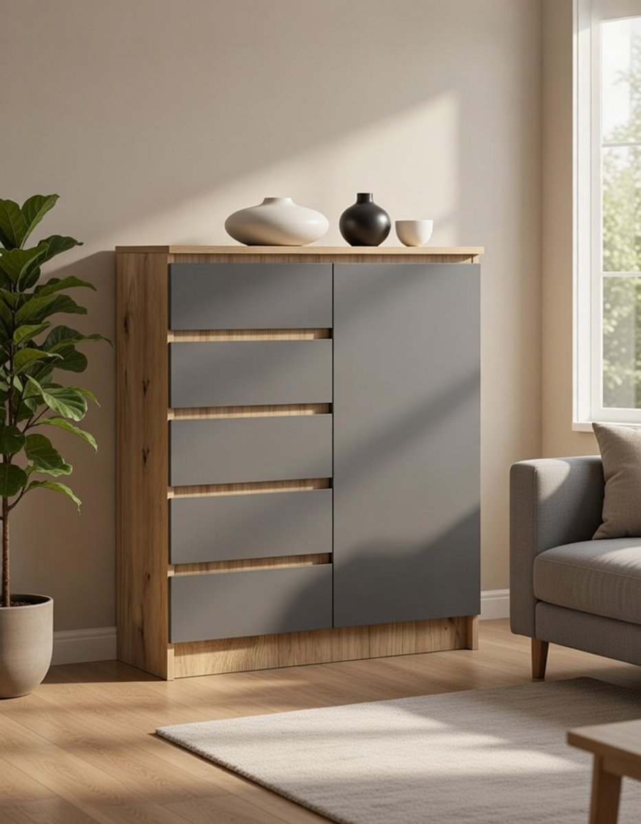 Moderne Commode K80 – 5 Laden + Kast met 3 Planken – Opbergkast voor Woonkamer & Slaapkamer – Artisan-Eiken & Grafietgrijs – Compacte Design Opberger 80x97x35 cm Novihome
