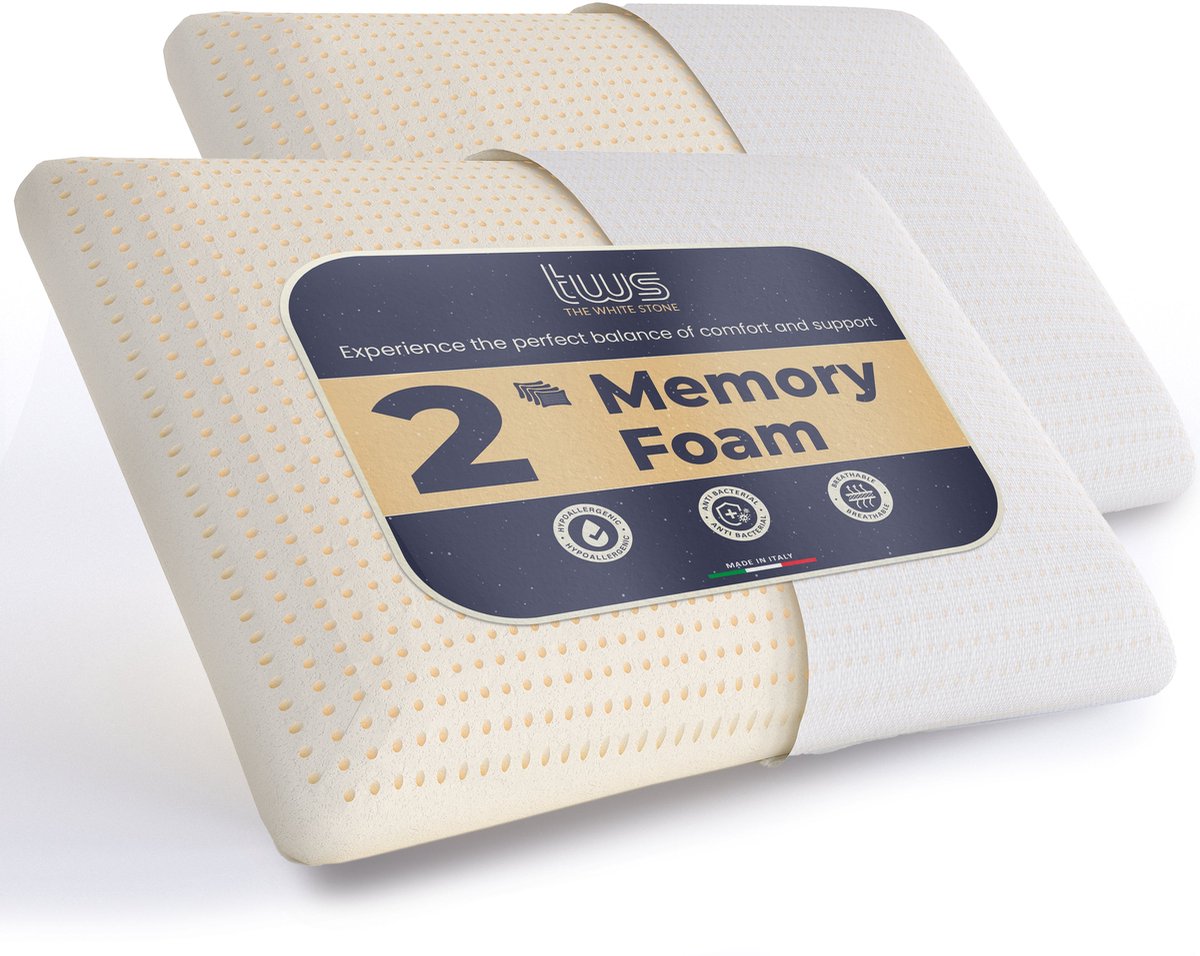 The White Stone Set van 2 Memory Foam Kussens 40 x 70 cm | Hoogte 11 cm | Hypoallergeen, Ergonomisch en Ademend Nekkussen | Anti-stikfunctie en Verkoelend