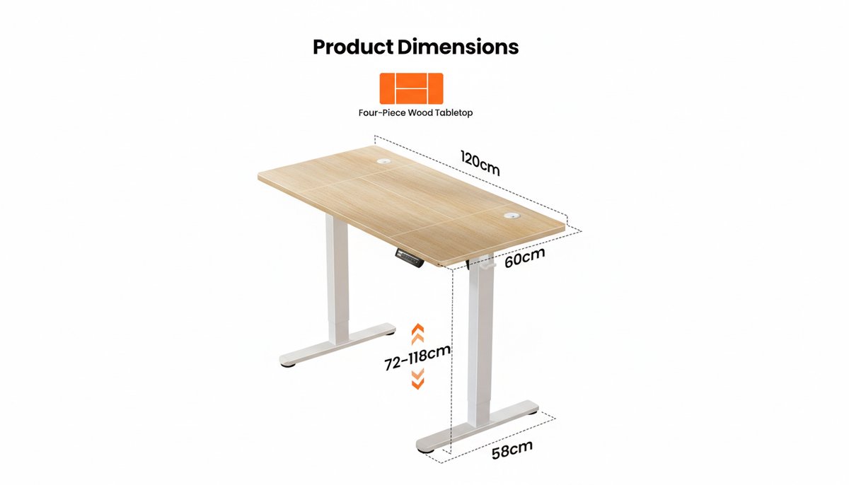 Elektrisch Zit-Sta Bureau 120x60 cm – Casa Velluto Elevare SmartDesk | In Hoogte Verstelbaar 72-118 cm | 4 Geheugenstanden | Ergonomisch Thuiswerk Bureau met Kabelmanagement & Haakjes | Stil Elektrisch Bureau Beige/Natuur