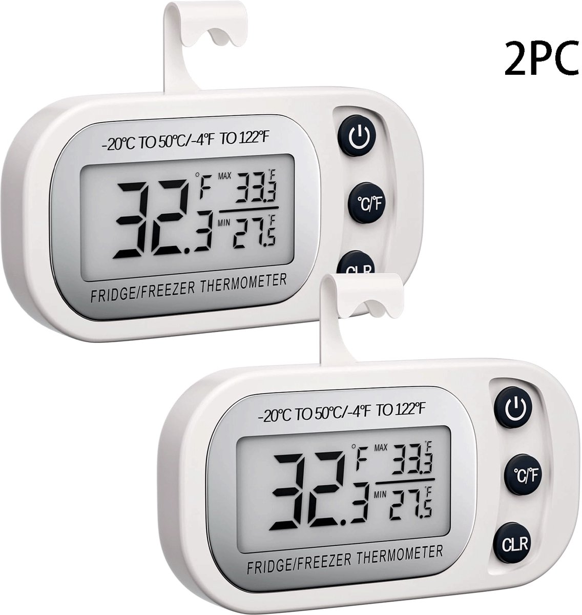 2 - Stuks Keukenthermometers - Digitale Keukenthermometer - Koelkast thermometer - Digitale koelkastthermometer - Waterdichte thermometer - Magnetische thermometer - Wit