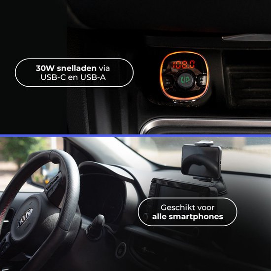 Wegman bluetooth FM transmitter met 30W snelladen via USB-C en USB-A en telefoonhouder.