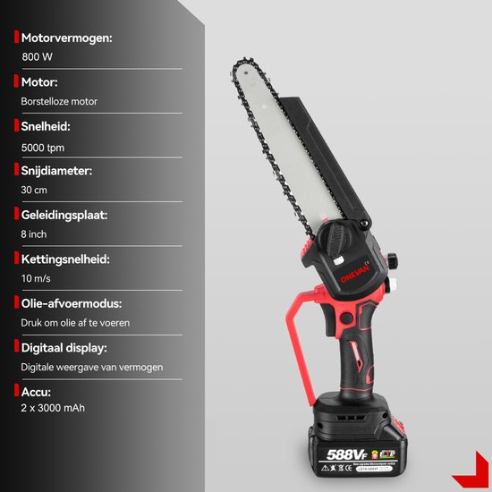 ONEVAN Accu Kettingzaag - 8 Inch Borstelloze Kettingzaag - met 2x Accu's - Elektrisch Handkettingzaag - voor tuinschaar, takkenschaar, houtzaagwerk van Merkloos	 — afbeelding 2