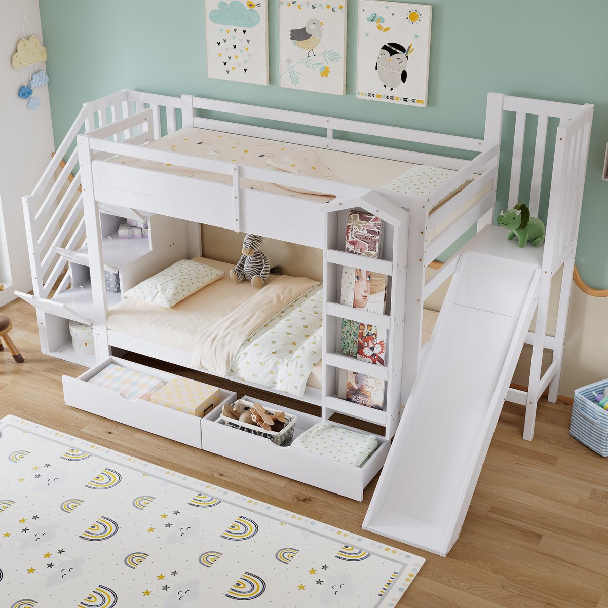 Rayofi Stapelbed - Kinderbed - Met boekenplank - Twee ladekasten met wieltjes en kinderglijbaan - Opbergkast onder de trap - Grenen + MDF + multiplex - Wit - 90 x 200 cm (matras niet inbegrepen)