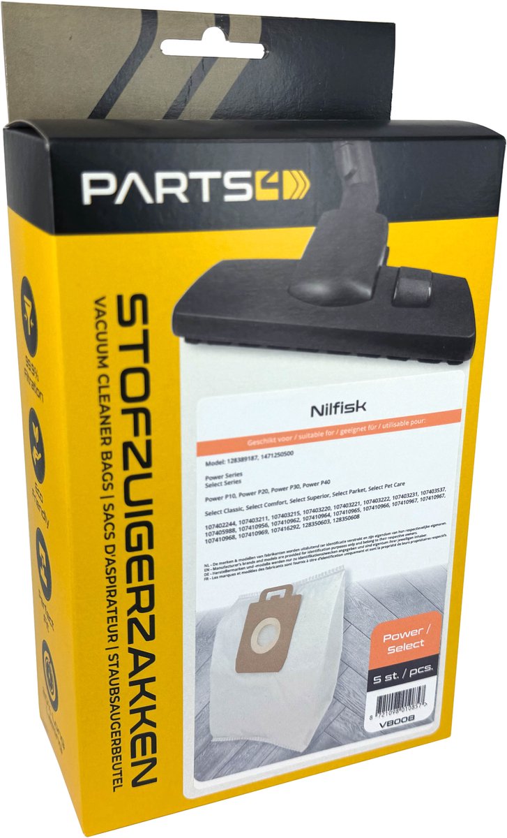 5 Stofzuigerzakken PARTS4® geschikt voor Nilfisk Select / Power | Made in Europe | Passend in o.a. Nilfisk Select, Select Parket, Select Petcare & Nilfisk Power P10, P20, P40