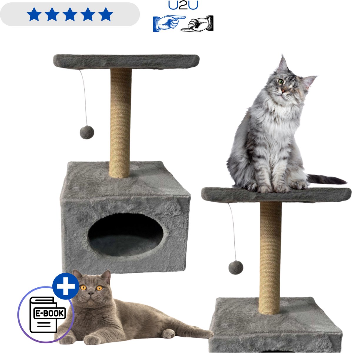 Katten Krabpaal Met Kattenhuis En Ligbed Met Hangende Muis Compacte Krabtoren Met Sisal Paal Zachte Pluche Plateaus Stabiele Constructie Voor Spelen En Rusten Geschikt Voor Elk Interieur 56 cm Hoog Voor Katten Thuis Met Ebook