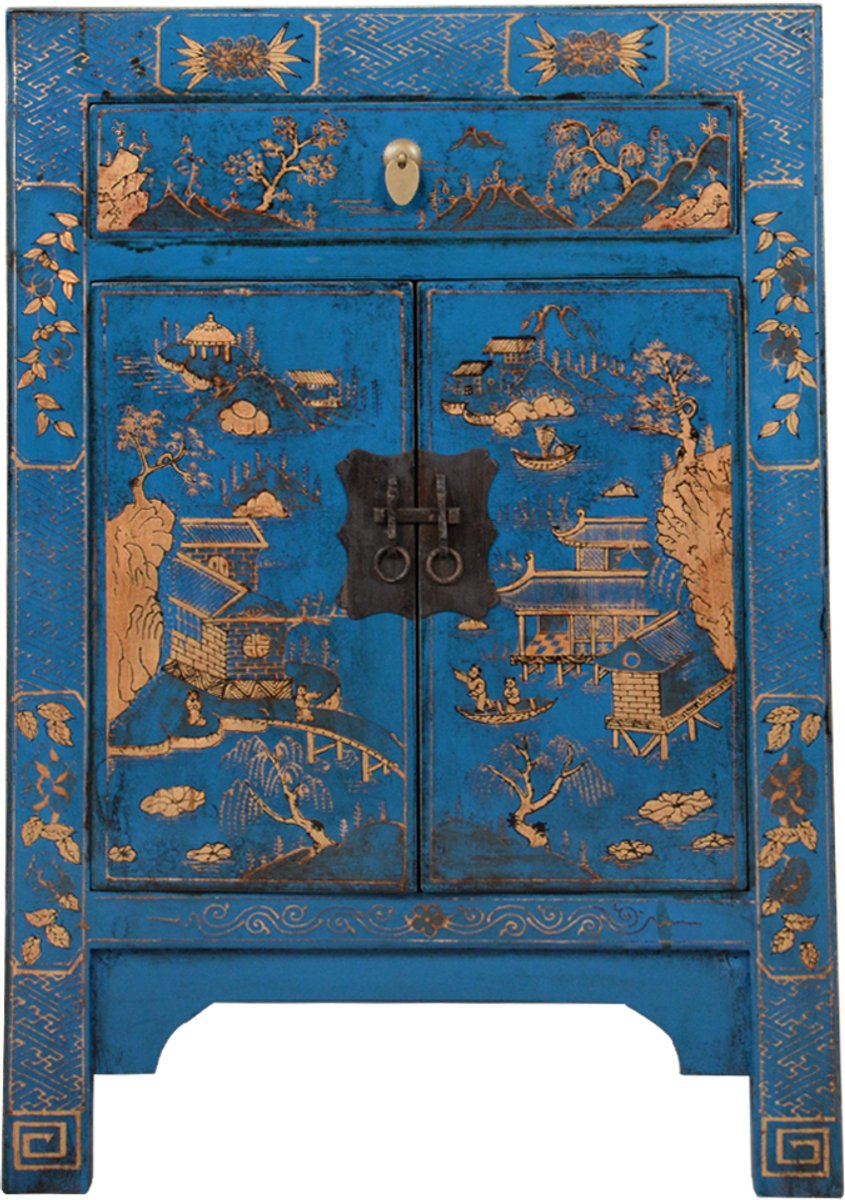 Fine Asianliving Chinese Kast Blauw Handgeschilderd Landschap B58xD37xH85cm Chinese Meubels Oosterse Kast
