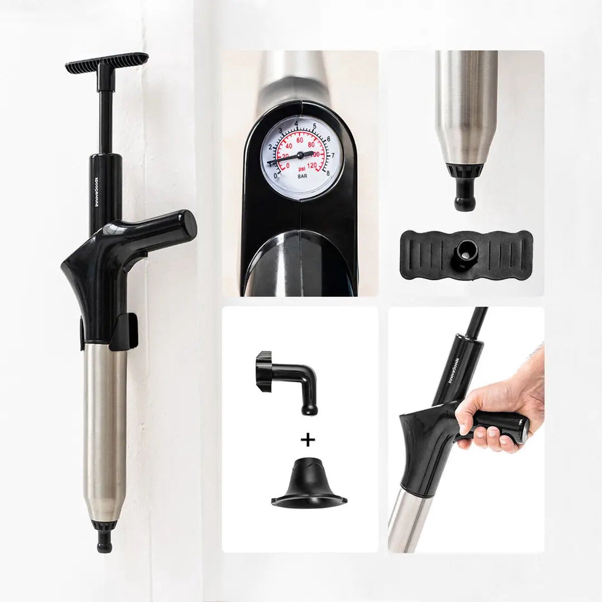Ontstopper - XL - RVS - Gootsteen Ontstopper - Ontstopper Afvoer - WC Ontstopper - Hogedruk Ontstopper - 7 accessoires - Haak en Druksteun - Professioneel