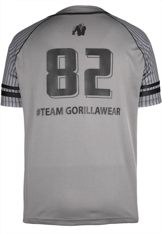 Achterkant van grijze baseball jersey met grote zwarte '82' en '#TEAM GORILLAWEAR'.