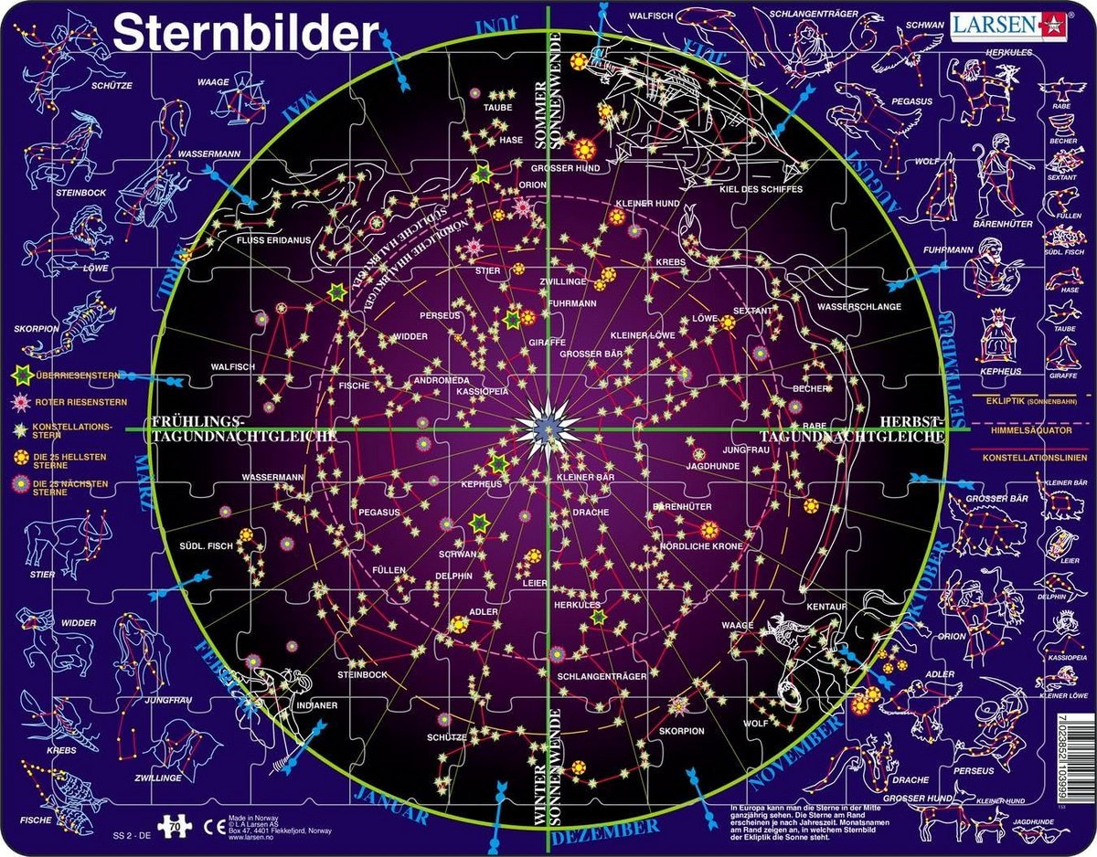 Educatieve Puzzel Sterrenbeelden en Dierenriem - 70 Stukjes - Met Frame