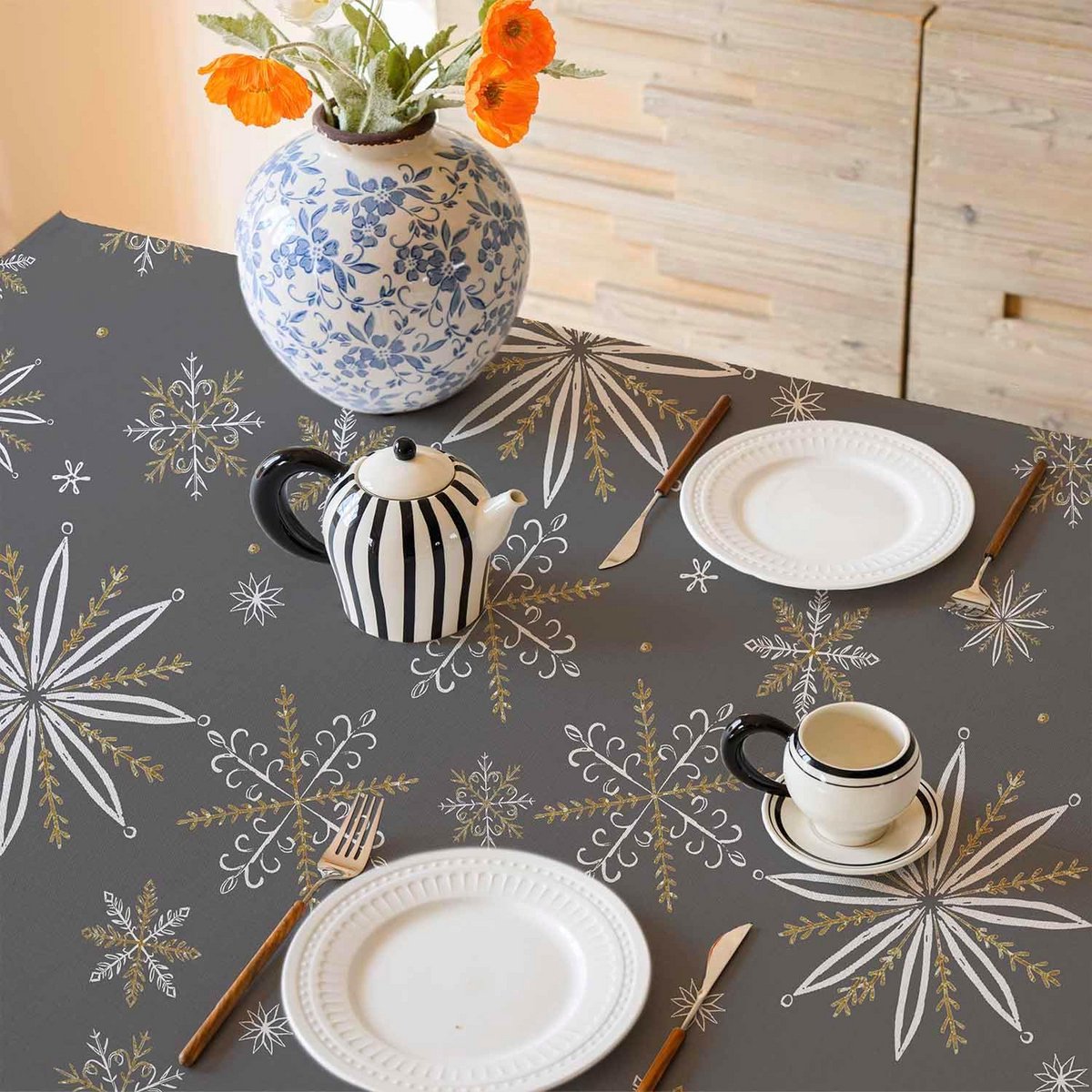 Vierkant Kerst Tafelkleed Grijs 85x85 cm met Sneeuwvlokken - Wasbaar Tafeldecoratie