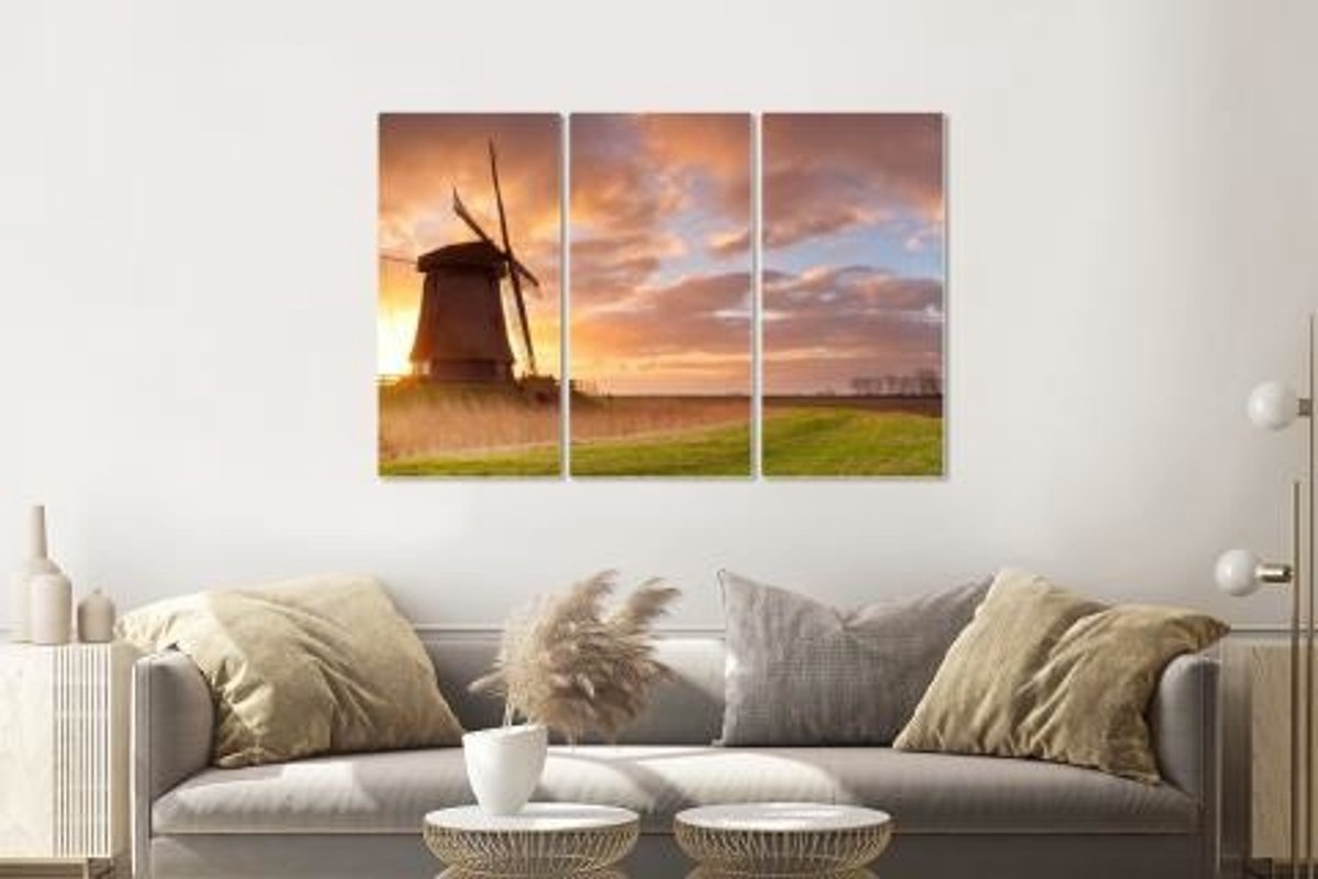 karo-art Schilderij - Nederlandse ochtend, 3 luik, premium print Multikleur