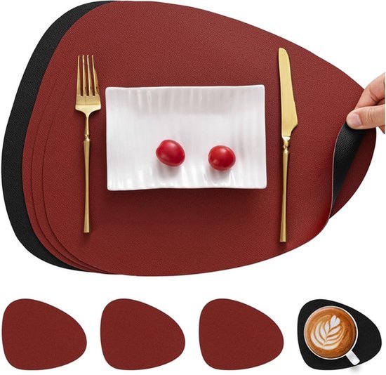 Set de table et dessous de verre en similicuir 4 pièces - Lavables - Forme ronde - Double face - Ensemble de sets de table antidérapants - Ensemble de sets de table en similicuir - Sets de table aspect cuir (Zwart et rouge)