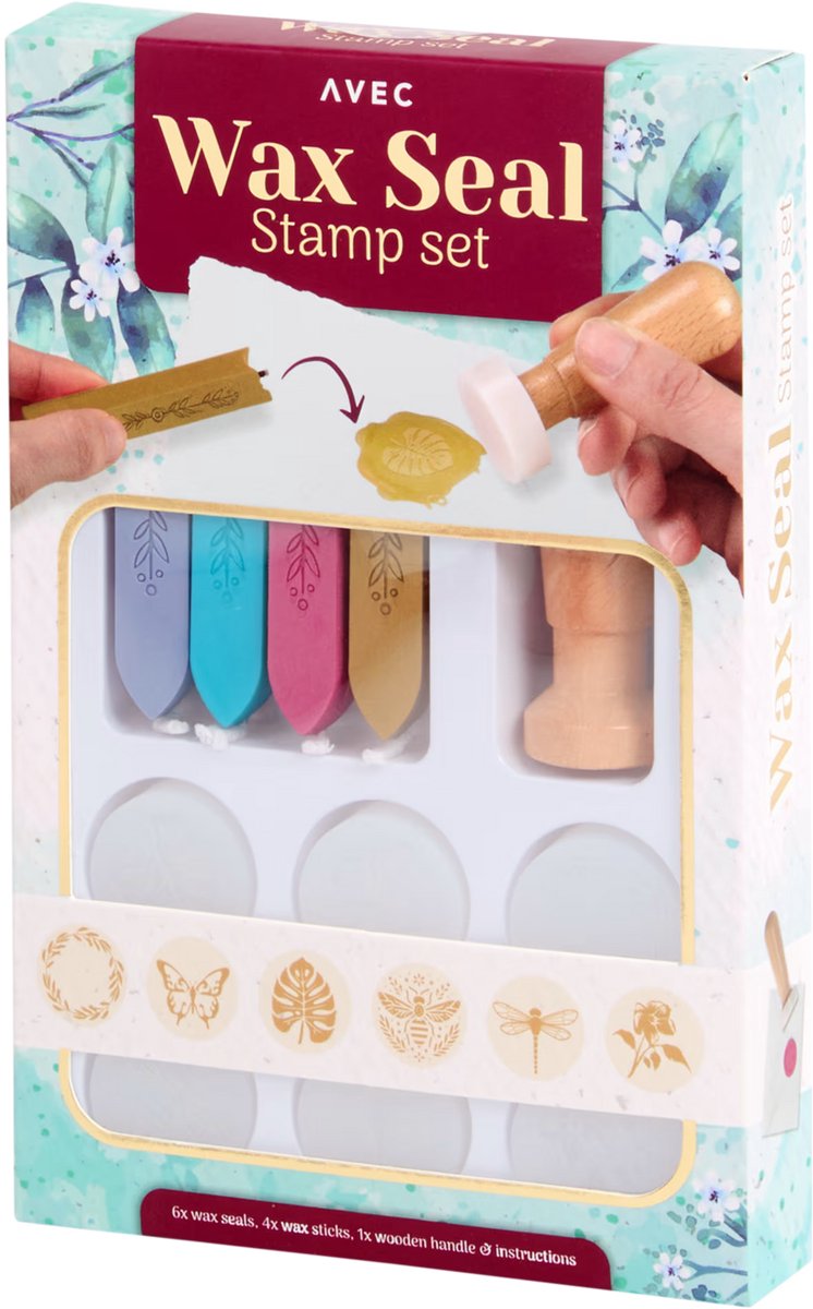 AVEC waxstempel kit – set met 6 stempels, 4 wassticks en houten handvat – waxzegel set voor brieven, kaarten en cadeaus – creatief hobbygereedschap – knutselen en personaliseren