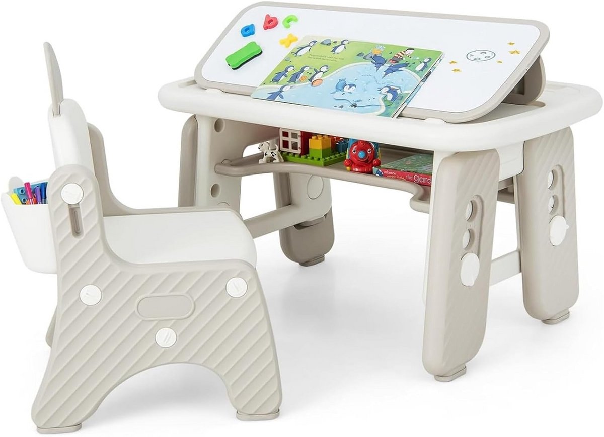 In hoogte verstelbare Kinderbureau Set met Stoel en Opbergruimte - Knutseltafel met Magneetbord