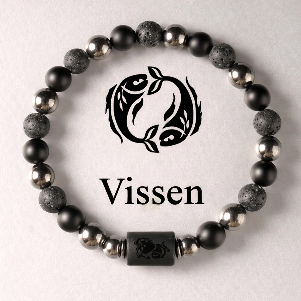 S4H Sterrenbeeld Armband Vissen 18 cm – 8mm Kralen – Lavasteen, Mat Zwarte Agaat & Hematiet – Unisex
