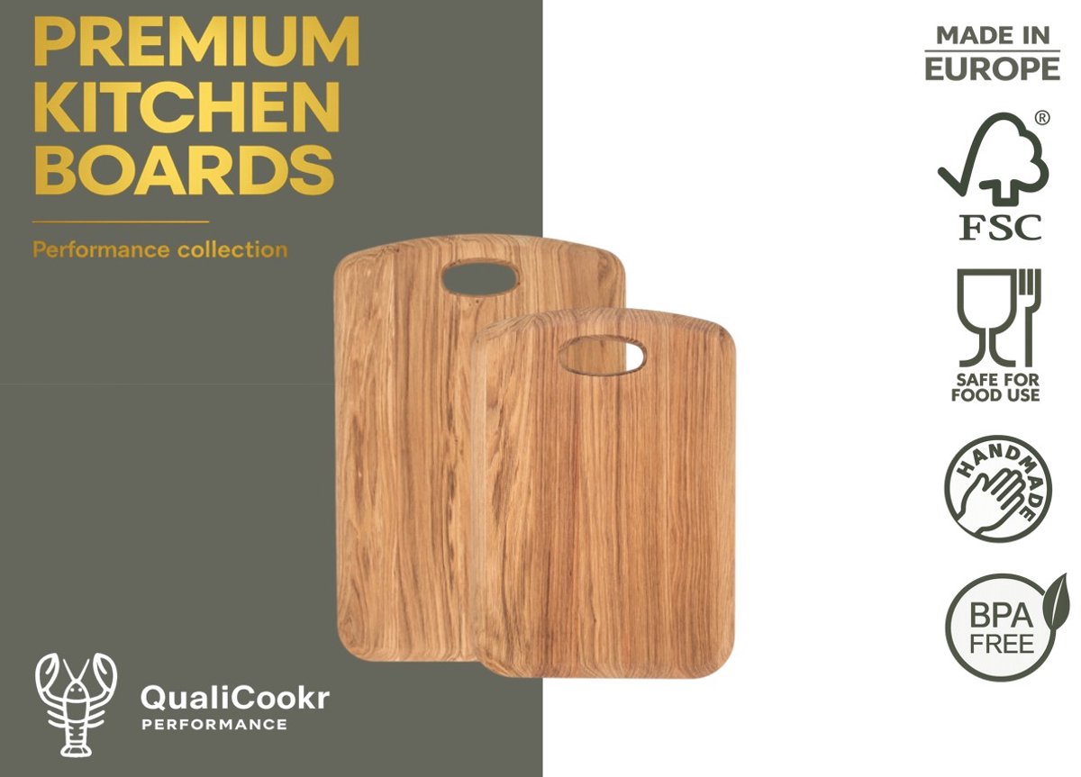 QualiCookr | Eikenhout Serveerboard met inkeping 340x 240x20MM + 450x300x20MM| Borrelplank | Kaasplank | Tapasplank | Serveerplank | Hapjesplank | Snijplank