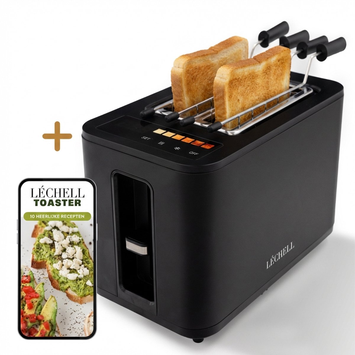Léchell® Broodrooster met tostiklemmen - Toaster - 6 Warmteniveaus - Brede sleuven - Broodrooster - 900W - Zwart - Instelbare bruiningsstand en ontdooifunctie