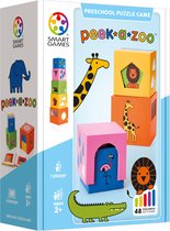 Doos van Peek-A-Zoo spel met afbeeldingen van een olifant, giraf, leeuw, flamingo, krokodil en stapelbare blokken.