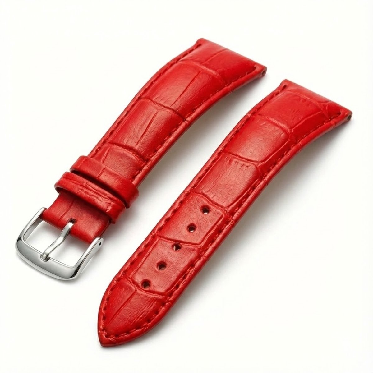 Rood horlogebandje 16 mm geschikt voor dames en heren met krokodillenlook structuur en zilverkleurige gesp, smal vervangend horloge bandje met stiksel