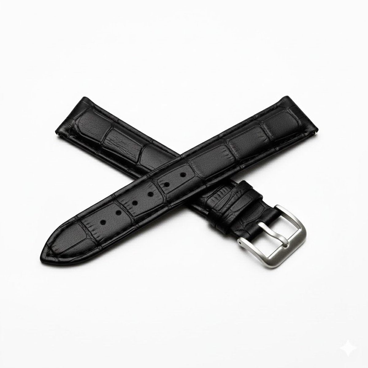 Zwart horlogebandje 14 mm geschikt voor dames en heren met krokodillenlook structuur en zilverkleurige gesp, smal vervangend horloge bandje met stiksel