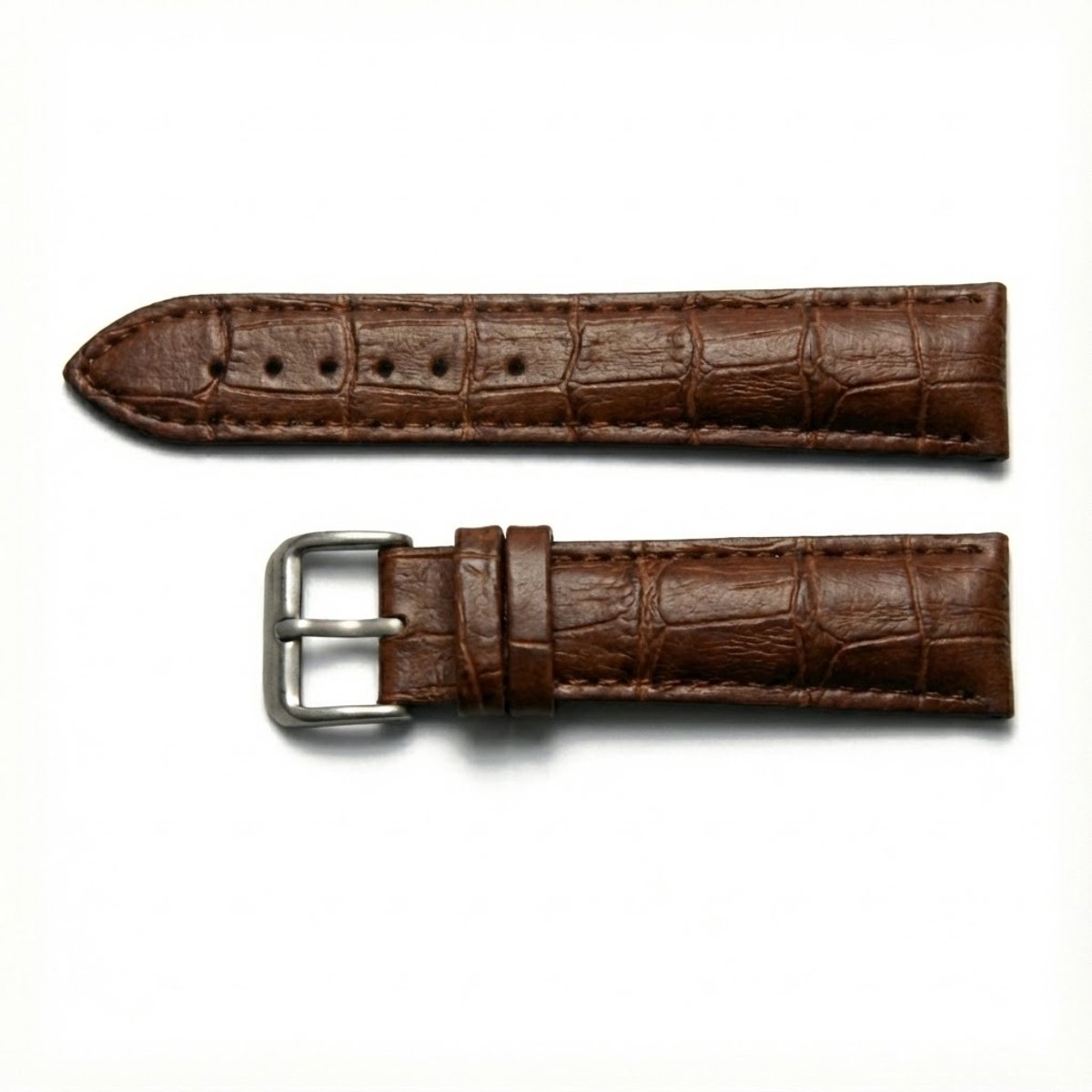 Bruin horlogebandje 20 mm geschikt voor dames en heren met krokodillenlook structuur en zilverkleurige gesp, smal vervangend horloge bandje met stiksel