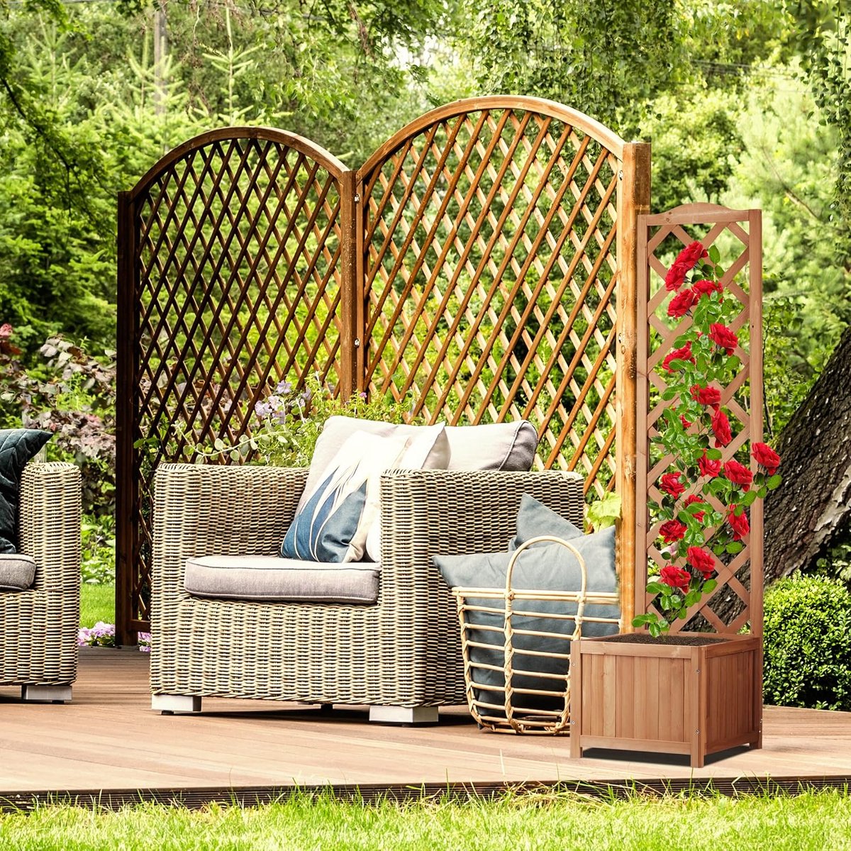Candala - Plantenbak van hout, tuinplantenbak met rankrooster, 25 l plantenbak, 150 cm, klimhulp, weerbestendig, natuur