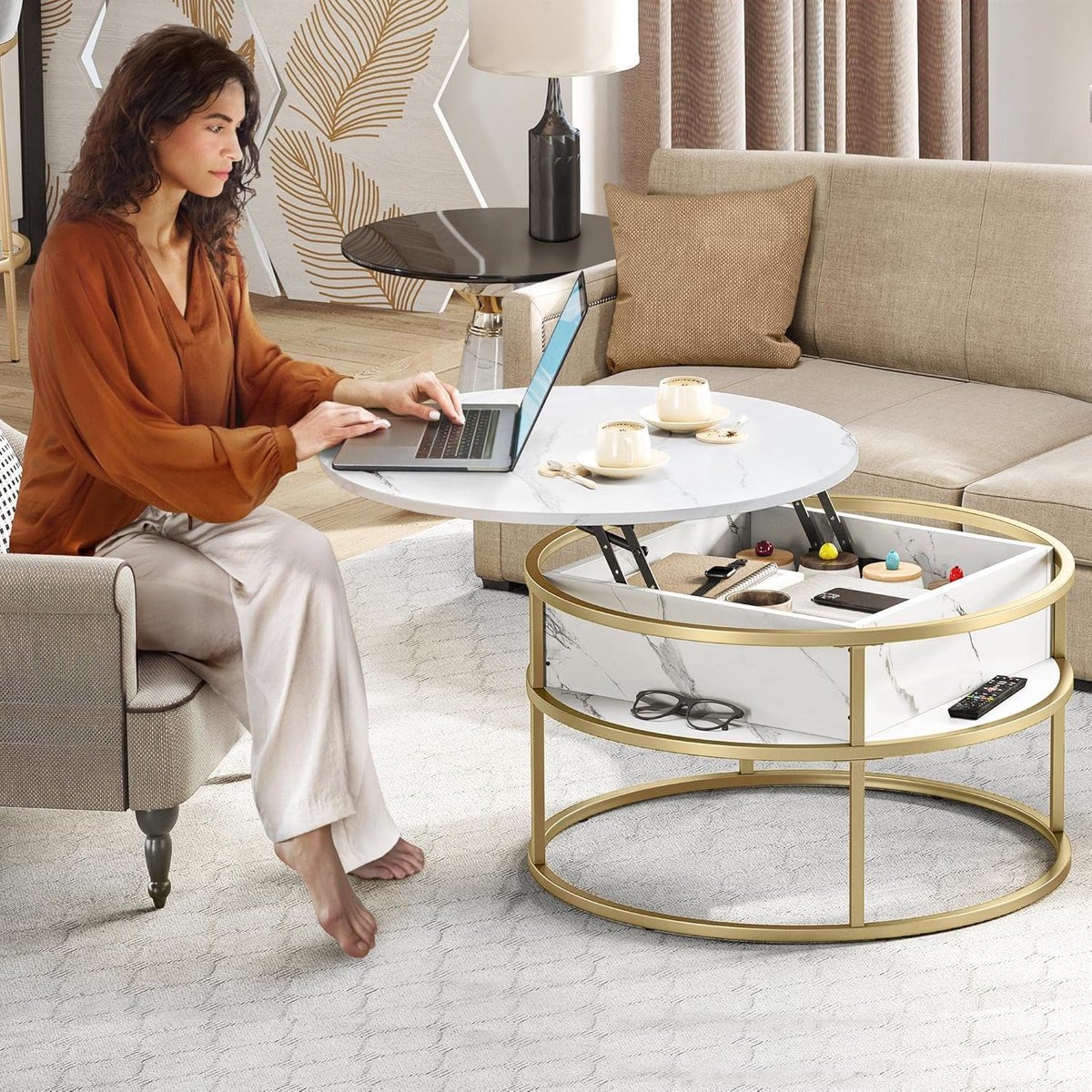 Ronde Hoogte Verstelbare Salontafel met Lift-Top en Opbergruimte 80 x 80 x 47 cm – Multifunctionele Woonkamertafel met Verborgen Vak en Open Planken – Modern Design – wit – Pauwhome