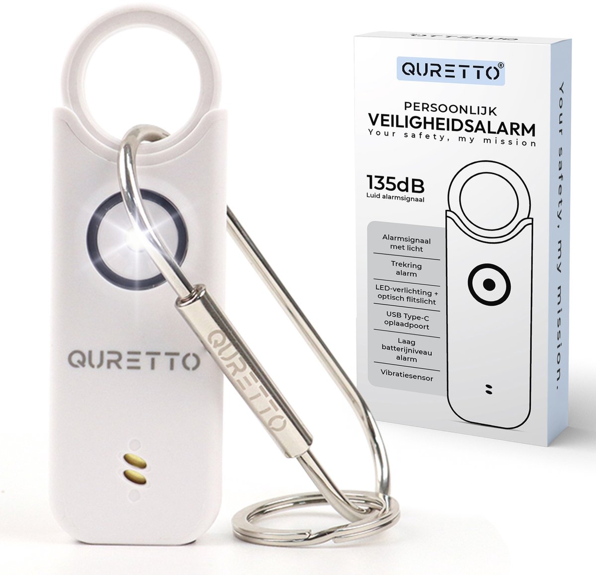 QURETTO® Persoonlijk Alarm 135 dB met Vibratiesensor – Inbraak- & Noodalarm – Veiligheidsalarm Sleutelhanger – Voor Vrouwen, Ouderen & Kinderen – Zelfverdediging & Wolvenverjager – USB-C Oplaadbaar met LED Zaklamp – Alarmknop