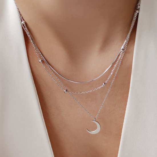 Hey Happiness Laagjes Maan Ketting Set – Set van 2 Halskettingen Dames – Roestvrij Staal – Verstelbaar – Zilver