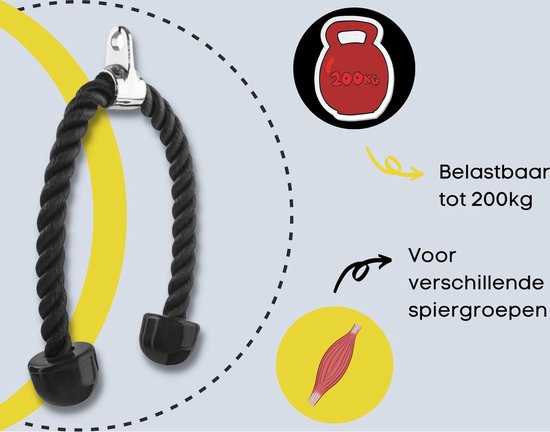 Zwarte tricep rope met chromen oog, belastbaar tot 200kg, geschikt voor verschillende spiergroepen.