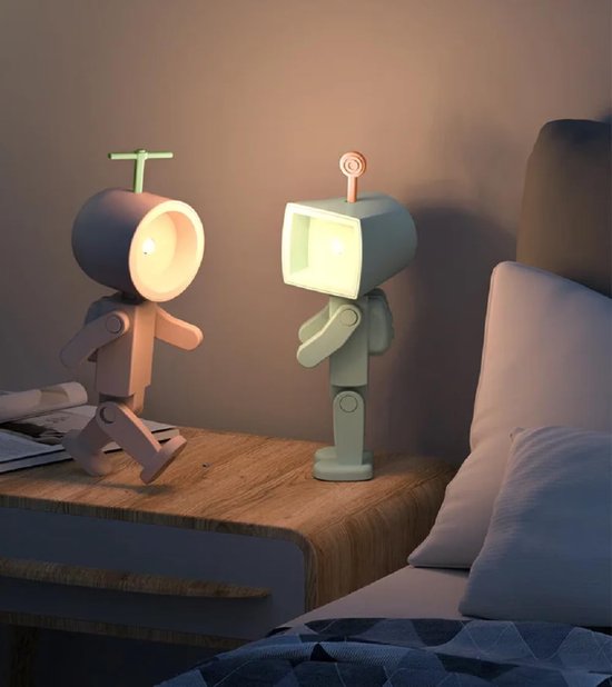 Nachtlampje - mini nachtlamp - LED nachtlamp - robot lampje - astronaut lampje - sfeerlicht - tafellampje - boeklamp - magnetisch - telefoonhouder - knopbediening - AG3 knoopcel - 3 reservebatterijen - vierkante kop - roze van Merkloos — afbeelding 2