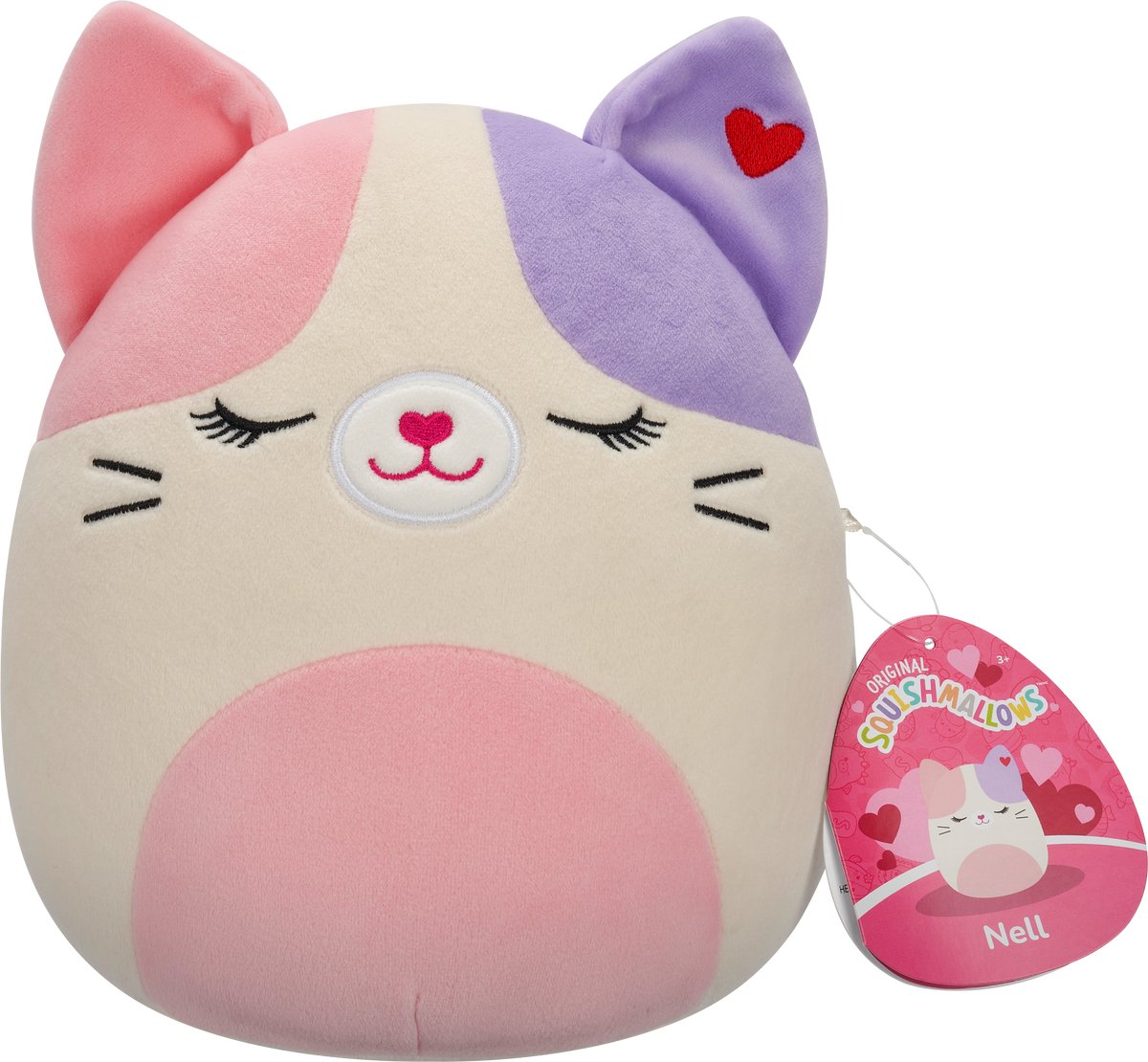 SQUISHMALLOW VALENTIJNSDAG - 19cm Plush Nell - Pink And Purple Calico Cat W/Pink Belly, Closed Eyes and Heart