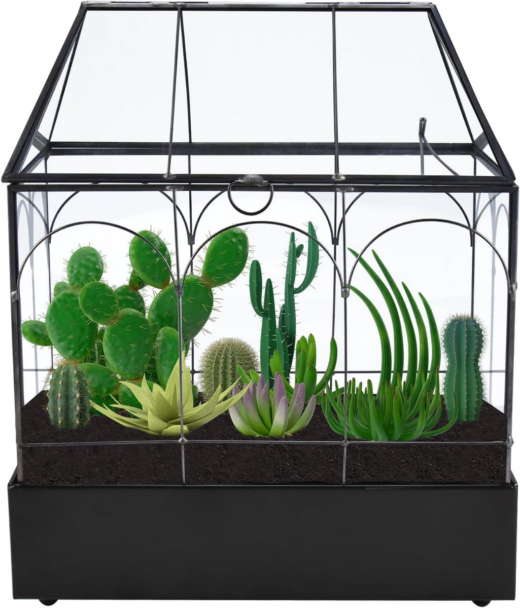 Geometrisch Terrarium in Huisvorm met Zwarte Frame en Lade - Handgemaakt Glas voor Succulenten en Cactussen