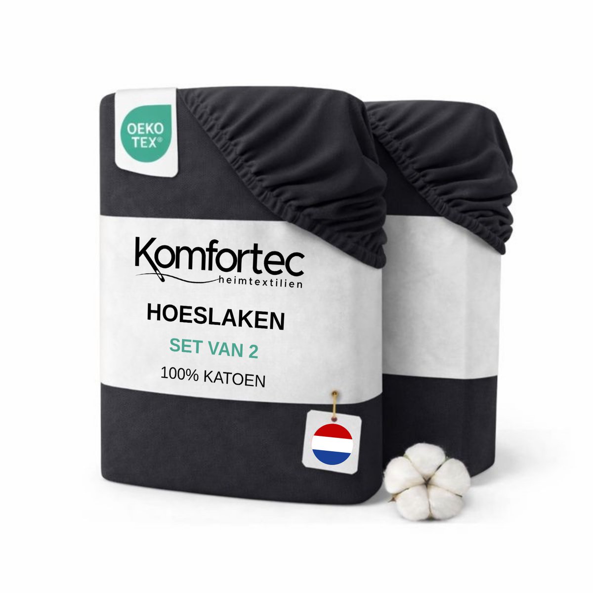Komfortec Jersey Stretch 2-delige Hoeslaken Set 90x200 cm, Dubbelpak, 23 cm Matrasdikte, Rondom Elastiek, 100% Katoen, Antraciet